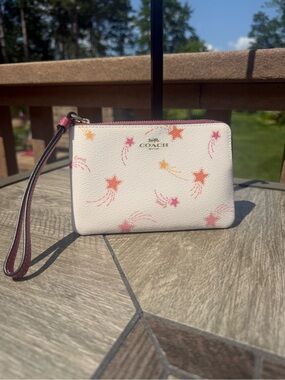 Coach Shooting Stars Print Wristlet White w/Orange, Yellow & Pink Accents